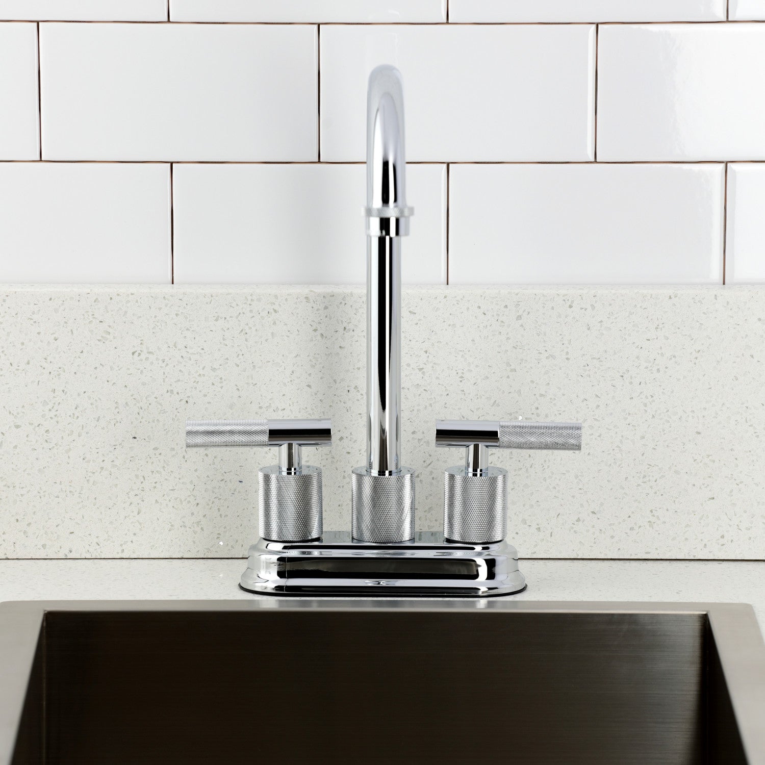 Kingston Tulare KB5491KNL - Convergent Two-Handle 2-Hole Deck Mount Bar Faucet with Knurled Handle, Polished Chrome — thumbnail 3